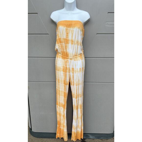 NEW Chaser Yellow Tie Dye Draped Back Bell Bottom Strapless Jumpsuit Sz Med - Picture 1 of 11